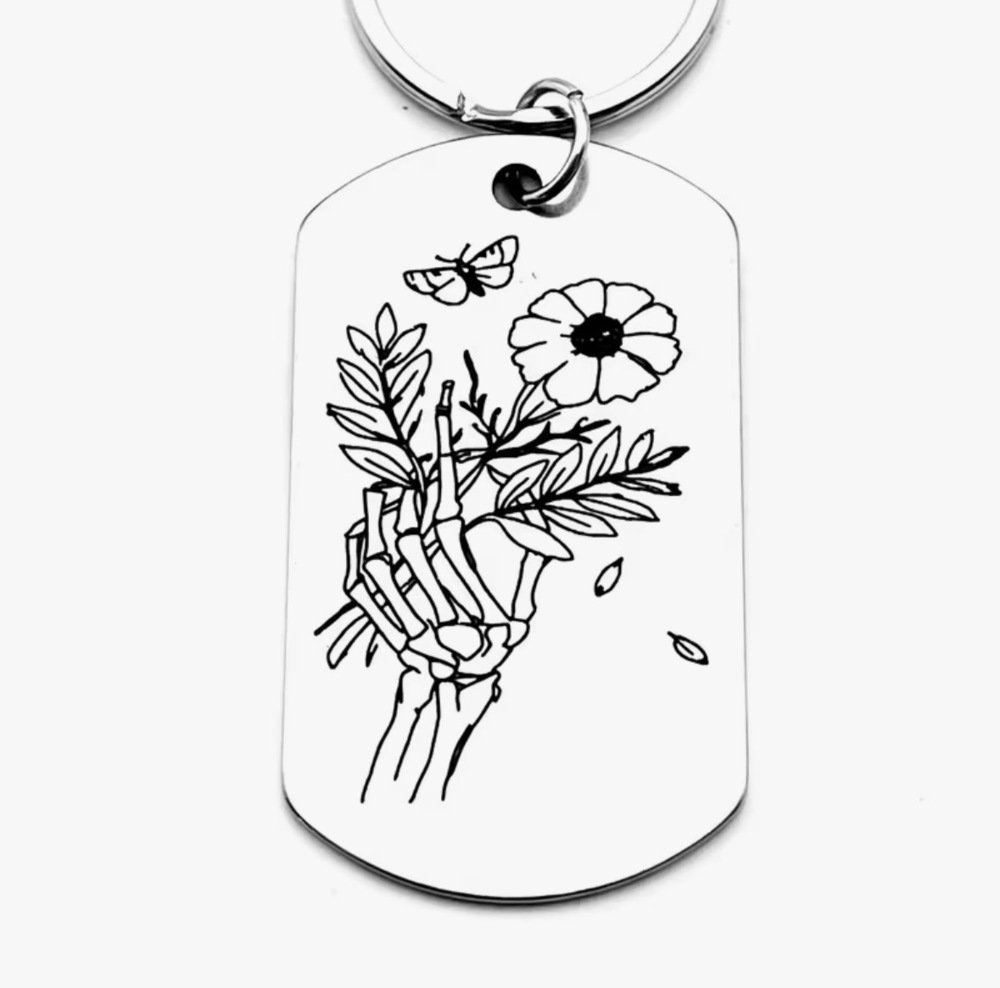 3/$25 Skeleton Hand Flowers Butterfly Love Floral Stainless Steel Keychain NEW